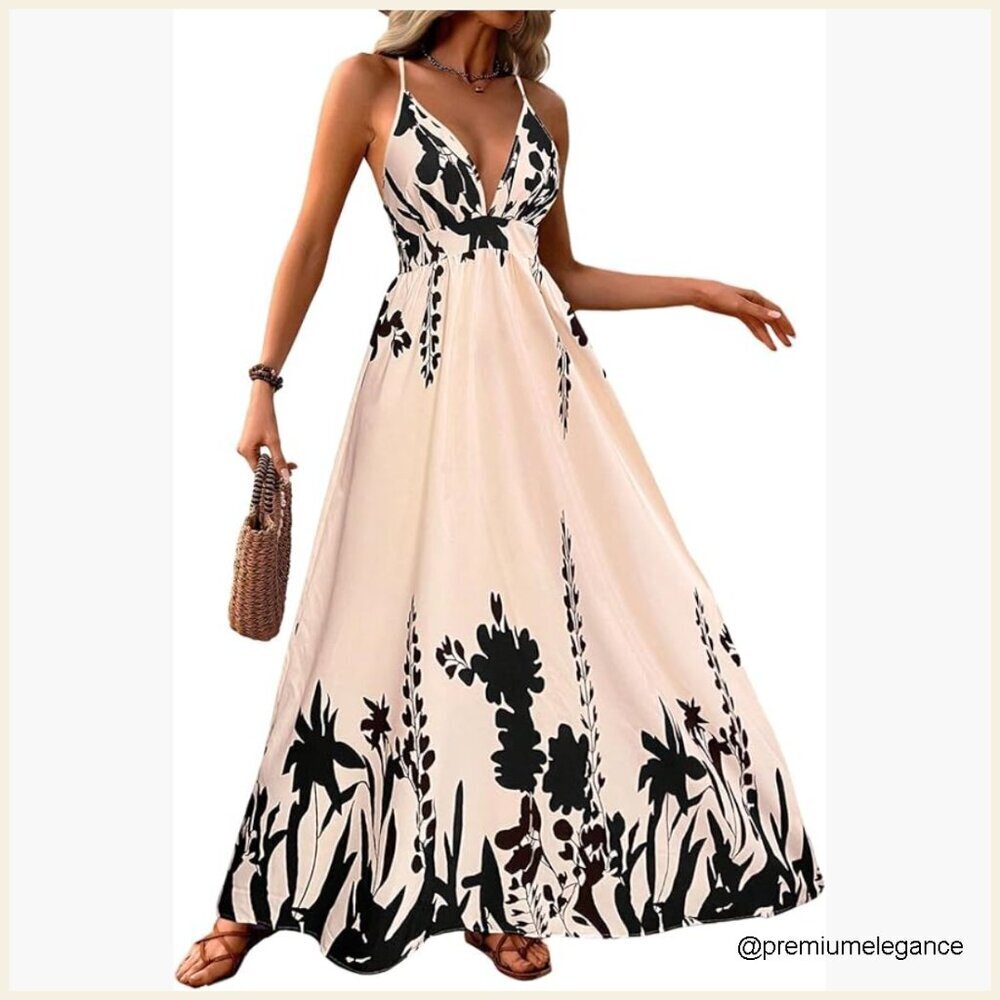 Maxi Dress Flowy Boho Floral Backless Sundress Spaghetti Strap Beach